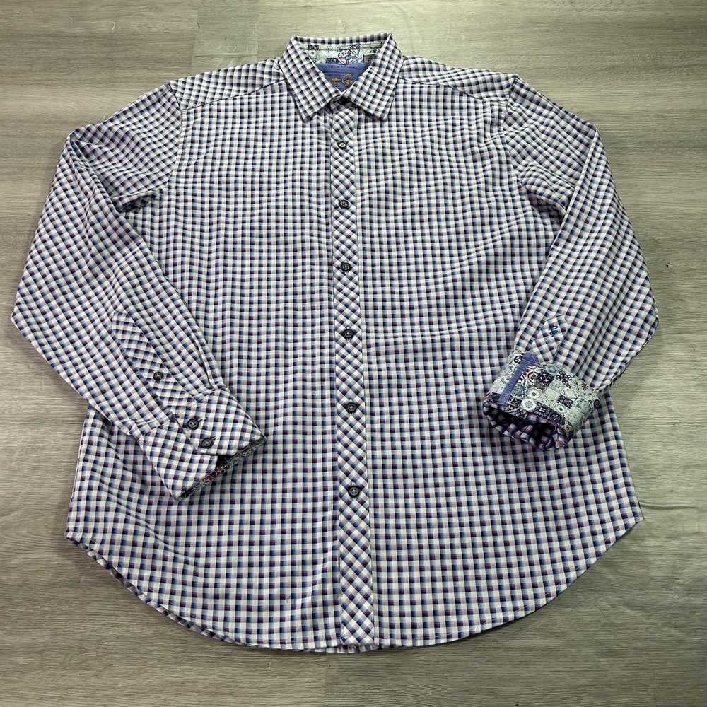 Robert Graham Shirt Mens Medium Purple Blue Check Classic Fit Stretch Dress